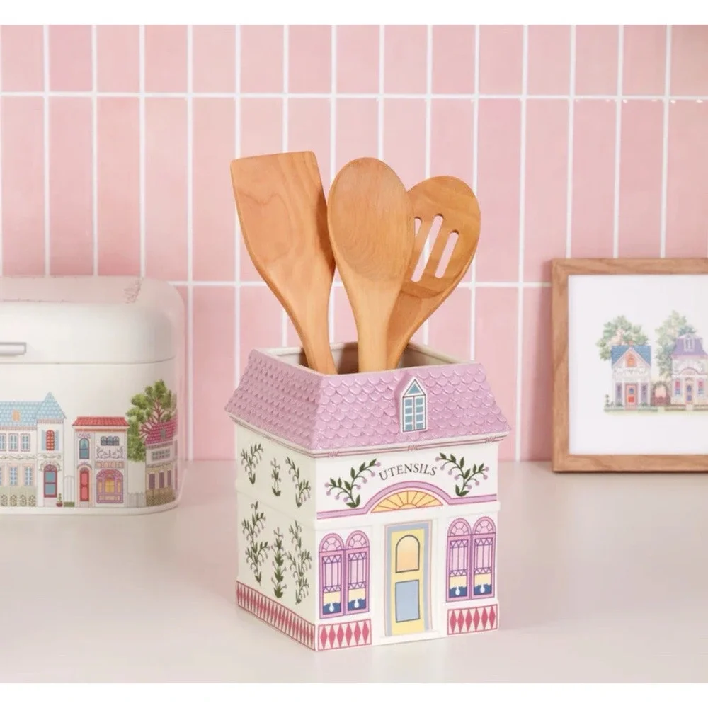 Lenox Spice Village Utensil Holder Porcelain Crock w/Wooden Cooking Spoons NEW